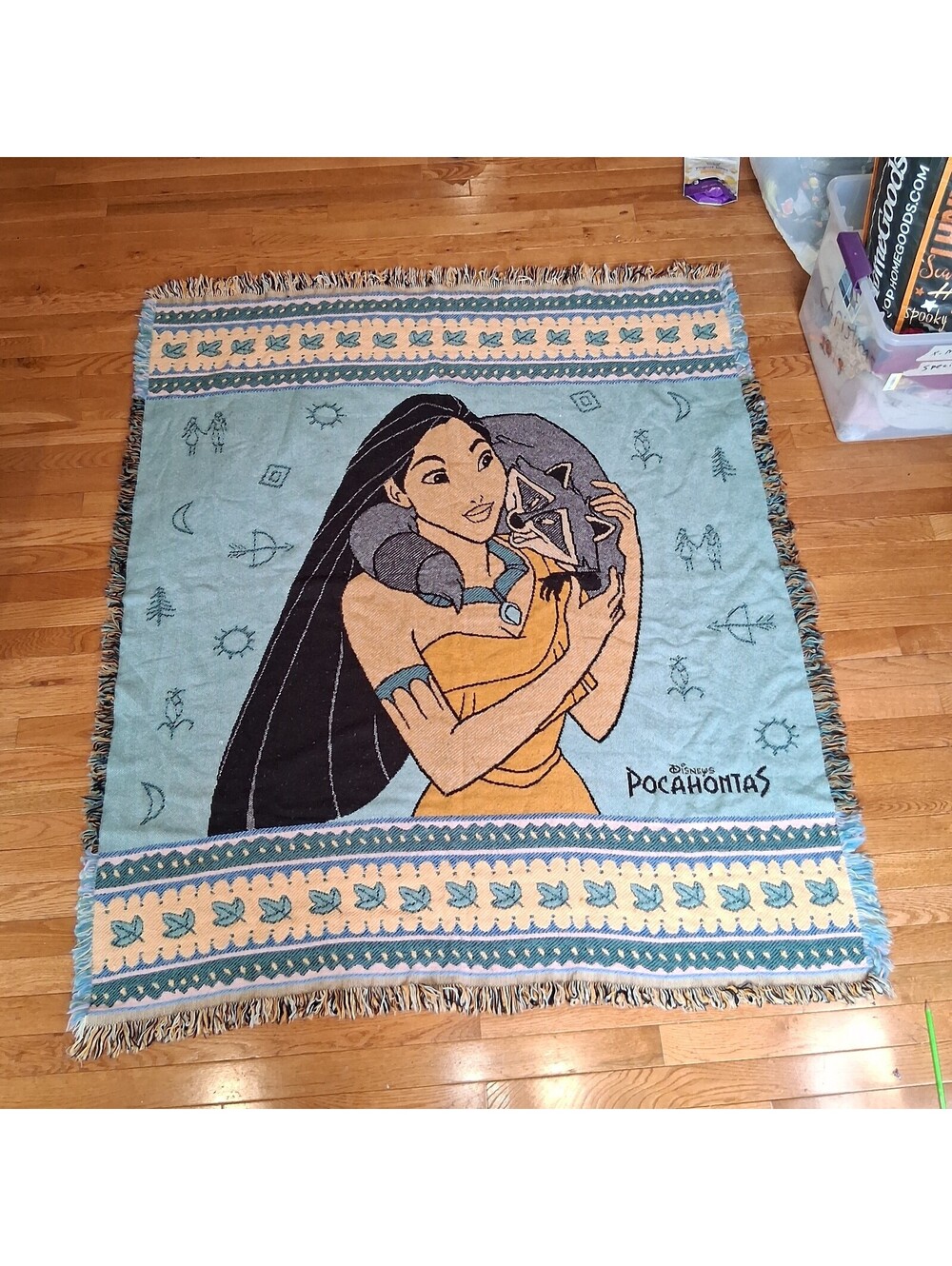 Vtg 1995 Disney Pocahontas Throw Blanket Tapestry Meeko Raccoon Fringe Beacon